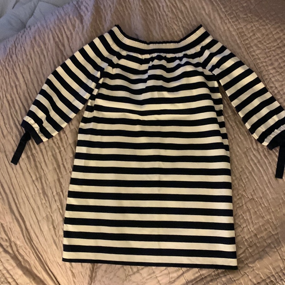 J.Crew cream and navy off the shoulder striped dress.